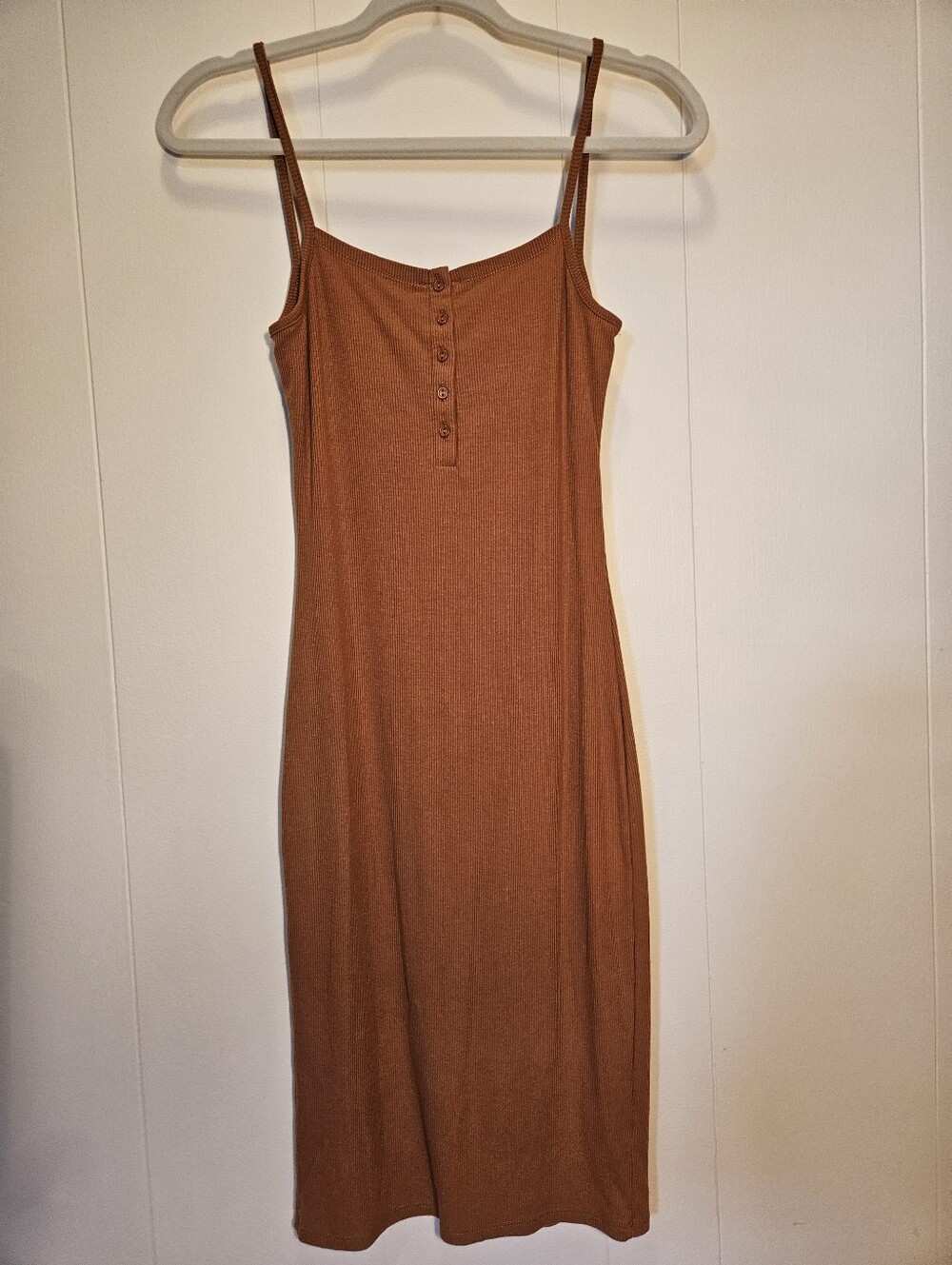 Heart Hips Rust Brown Ribbed Midi Dress with Button Front